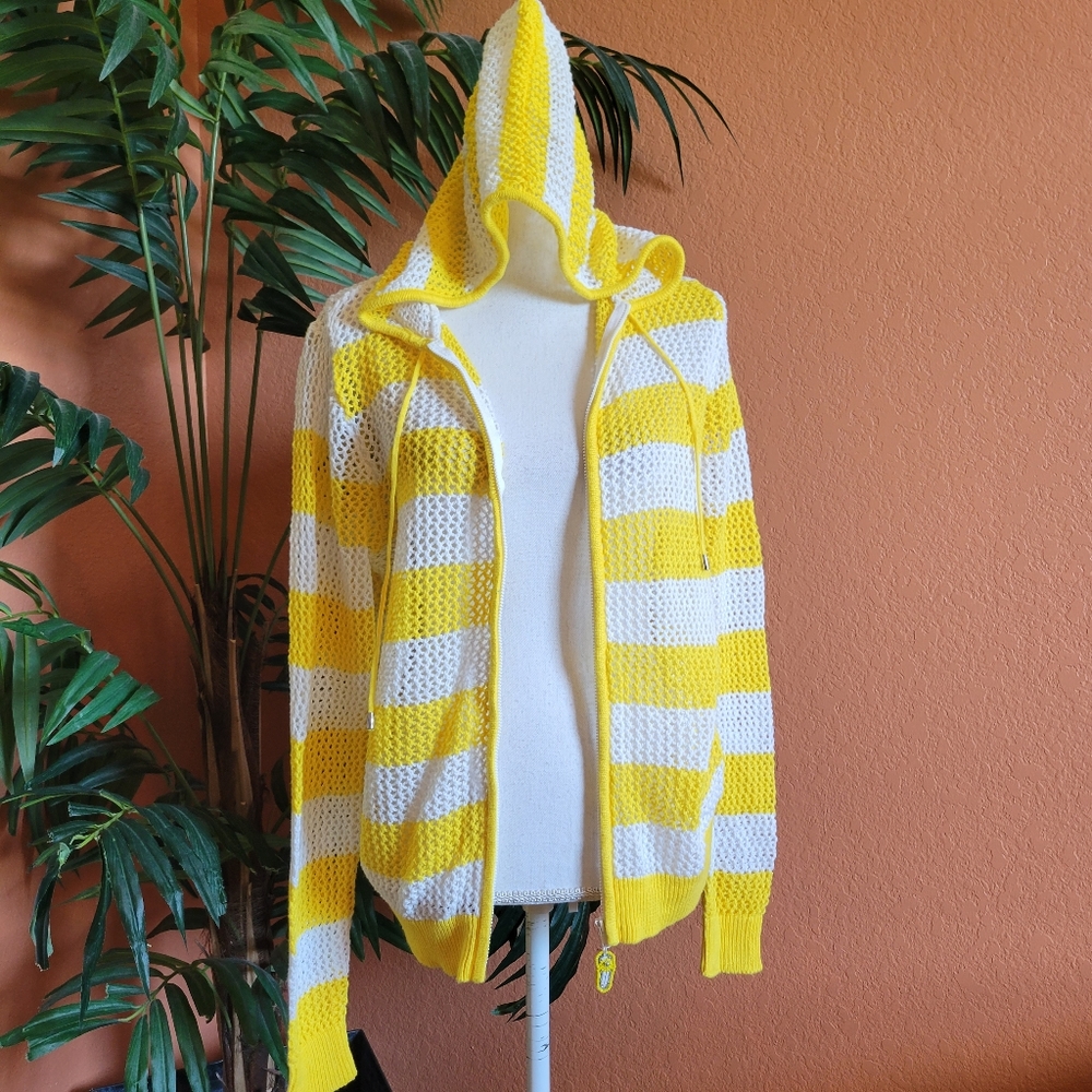 3/$25 Quacker Factory Open Knit Crochet Beach Sweater Hoodie Zipper Stripe Med - Picture 3 of 12
